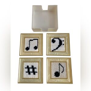Vintage Needlepoint Music Note Plastic Coaster Set Of 4 Retro